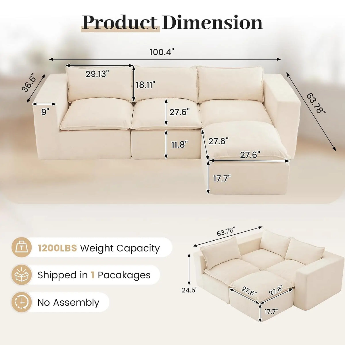 101" Boneless Cloud Sectional Sofa L Shaped Modular Sleeper with Ottoman for Apartment No Assembly White, Customized