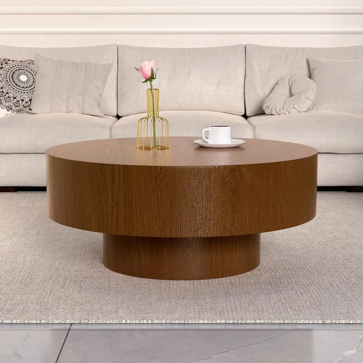 Farmhouse Round Fluted Coffee Table with Storage (G31.49) | Rustic Modern, Circle Center Table, Solid Wood Base,, Customized