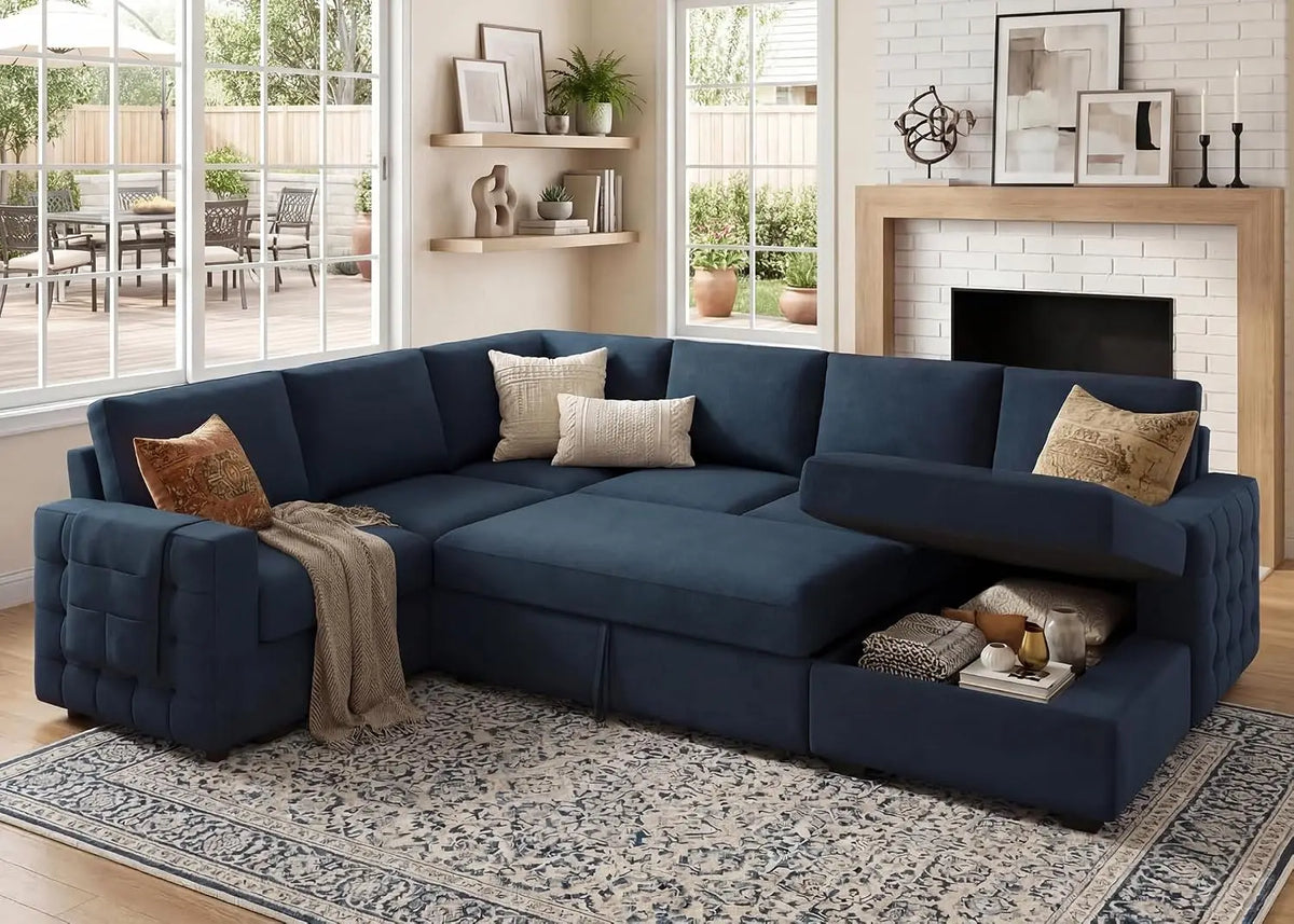 Sectional Sleeper Sofa with Pull Out Bed U-Shape Sectional Couch with Storage Chaise 6 Seater Sleeper Sectional, Customized