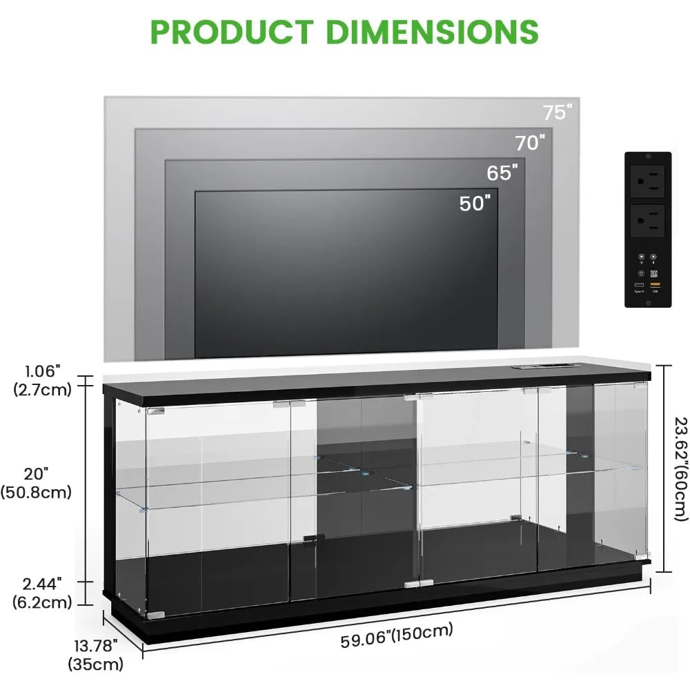 71" Glass Display TV Cabinet with Power Strip for Living Room, Black