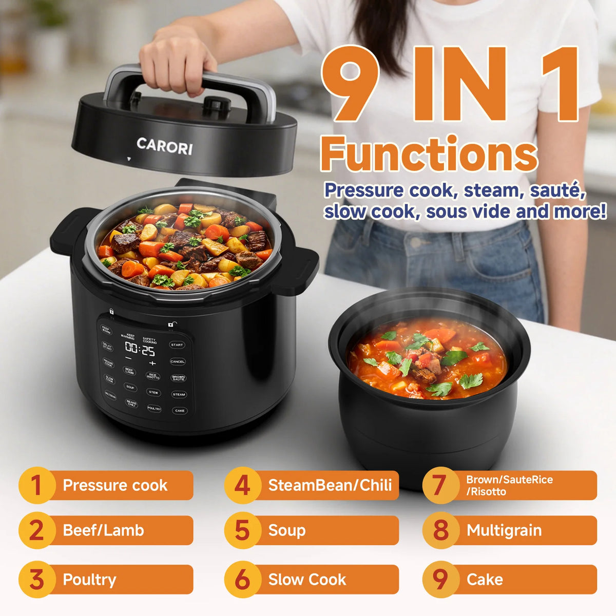 CARORI 6Qt Pressure Cooker, 9-in-1, 12 Presets IMD Touchscreen,  Multi-Mode: Slow Cook, Rice Cook, Steam,Dual Inner Pots (Stainless Steel & Non-Stick),1000W