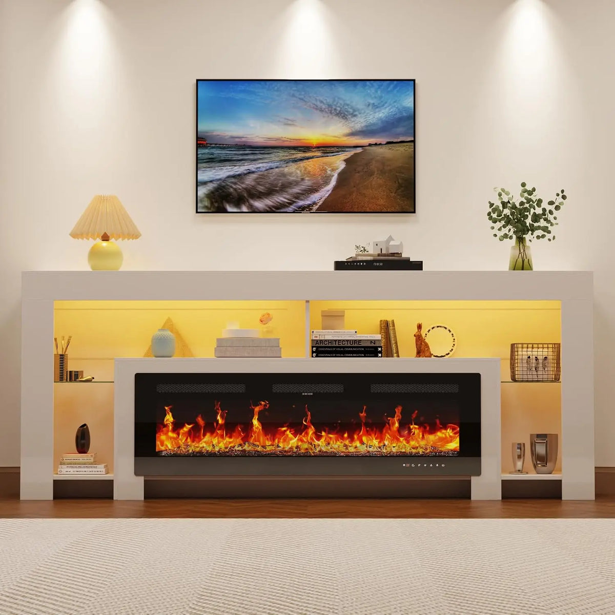 82.7" Modern High Gloss Fireplace TV Stand with 50" Fireplace, Entertainment Center with Electronic Flame and LED, Customized