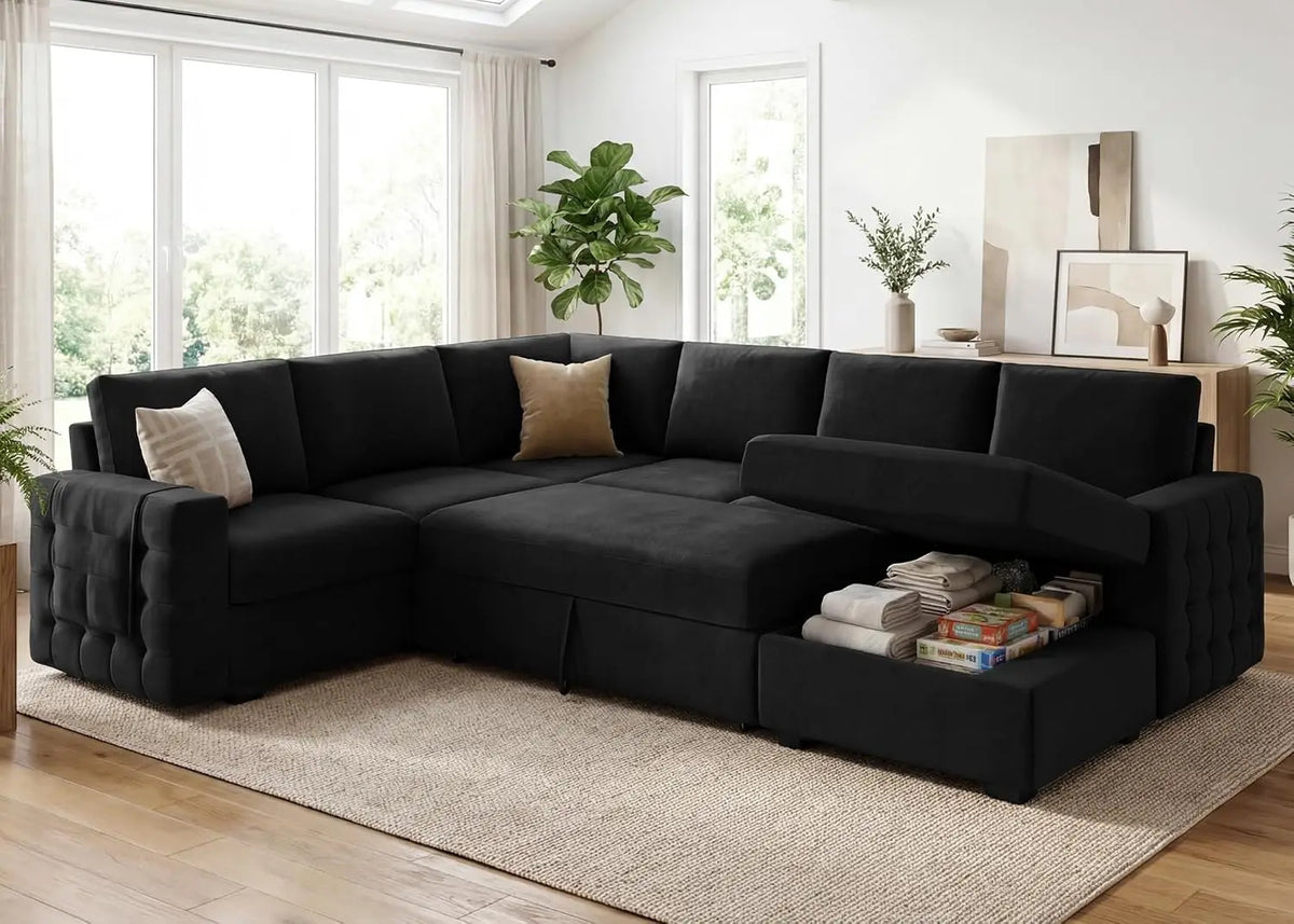 Sectional Sleeper Sofa with Pull Out Bed U-Shape Sectional Couch with Storage Chaise 6 Seater Sleeper Sectional, Customized