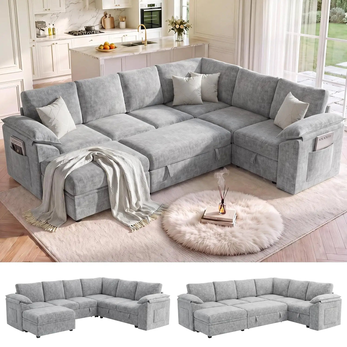 108 In L Shaped Modular Sectional Sofa Couch for Living Room, Beige, Customized