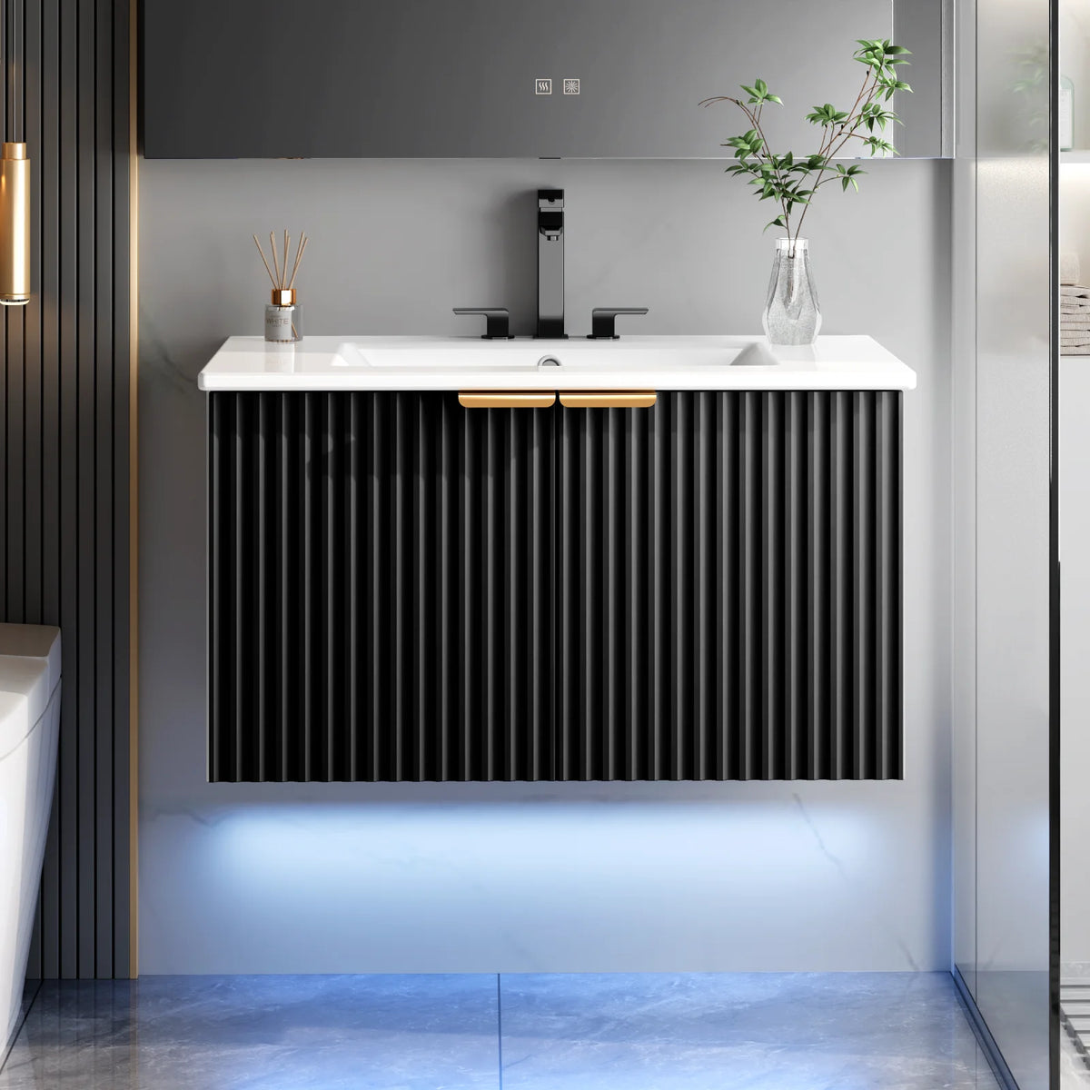 30" Floating Bathroom Vanity with Sink, Wave-Inspired Fluted Doors & LED Lighting, Modern Wall Mounted Cabinet, for Bathroom/Laundry Room, White/Black