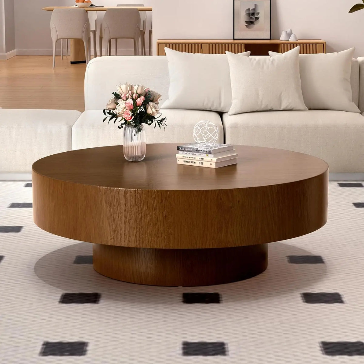 Farmhouse Round Fluted Coffee Table with Storage (G31.49) | Rustic Modern, Circle Center Table, Solid Wood Base,, Customized