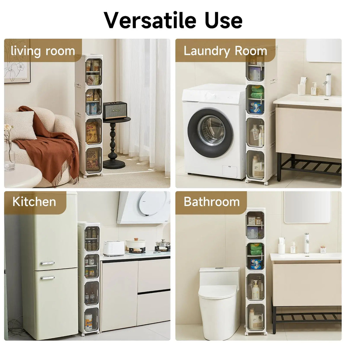 4-Tier Tall Narrow Storage Cabinet Plastic Slim Organizer with Doors Adjustable Shelves Wheels Stackable Collapsible Space Saving Crevice Shelf For Small Spaces Bathroom Kitchen Cupboard Mobile Rack