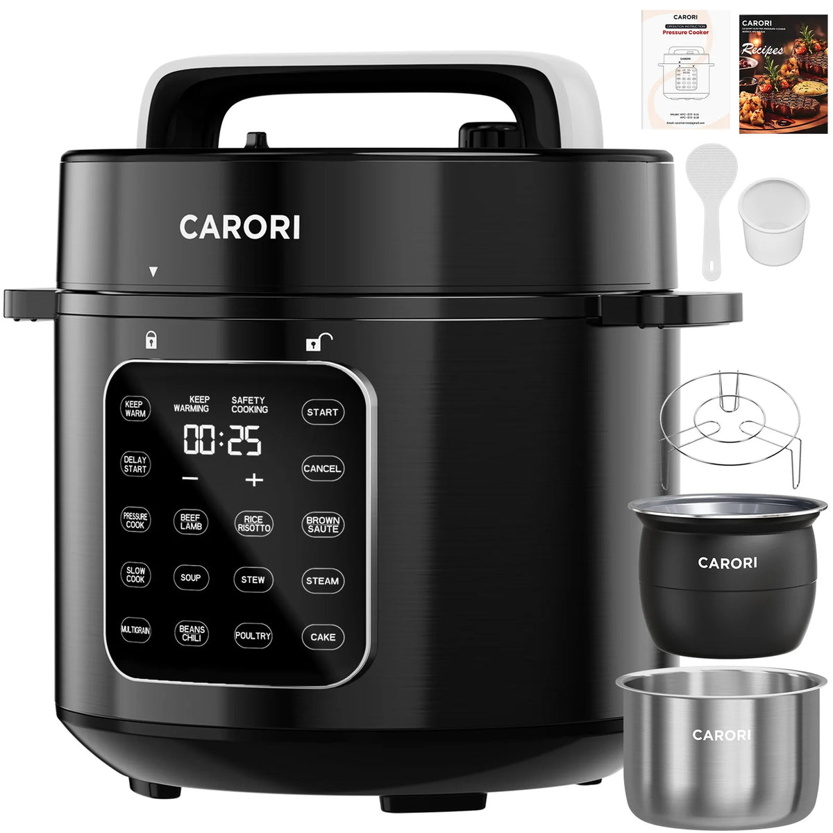 CARORI 6Qt Pressure Cooker, 9-in-1, 12 Presets IMD Touchscreen,  Multi-Mode: Slow Cook, Rice Cook, Steam,Dual Inner Pots (Stainless Steel & Non-Stick),1000W