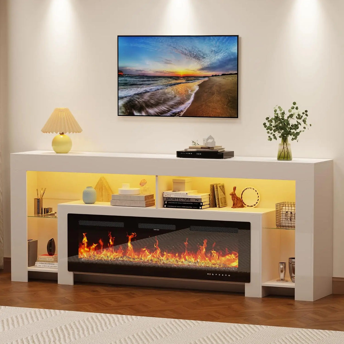 82.7" Modern High Gloss Fireplace TV Stand with 50" Fireplace, Entertainment Center with Electronic Flame and LED, Customized