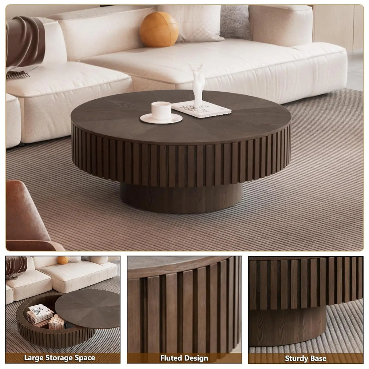 Farmhouse Round Fluted Coffee Table with Storage (G31.49) | Rustic Modern, Circle Center Table, Solid Wood Base,, Customized