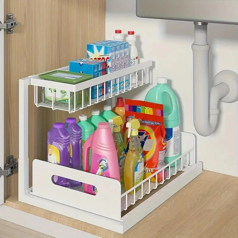 2-Tier Pull-Out Under Sink Storage Organizer, Sliding Cabinet Storage Rack for Kitchen & Bathroom