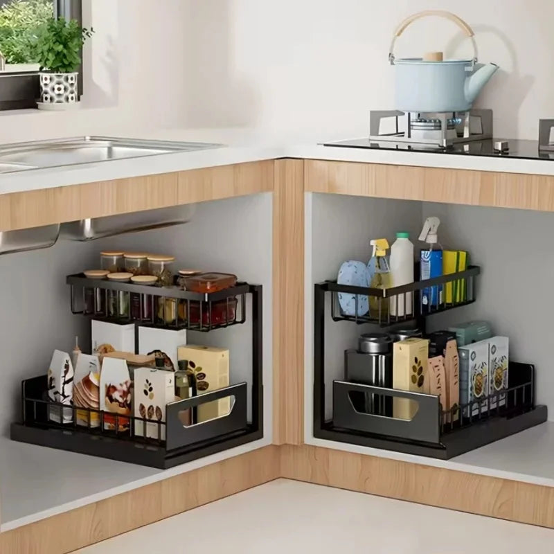 2-Tier Pull-Out Under Sink Storage Organizer, Sliding Cabinet Storage Rack for Kitchen & Bathroom
