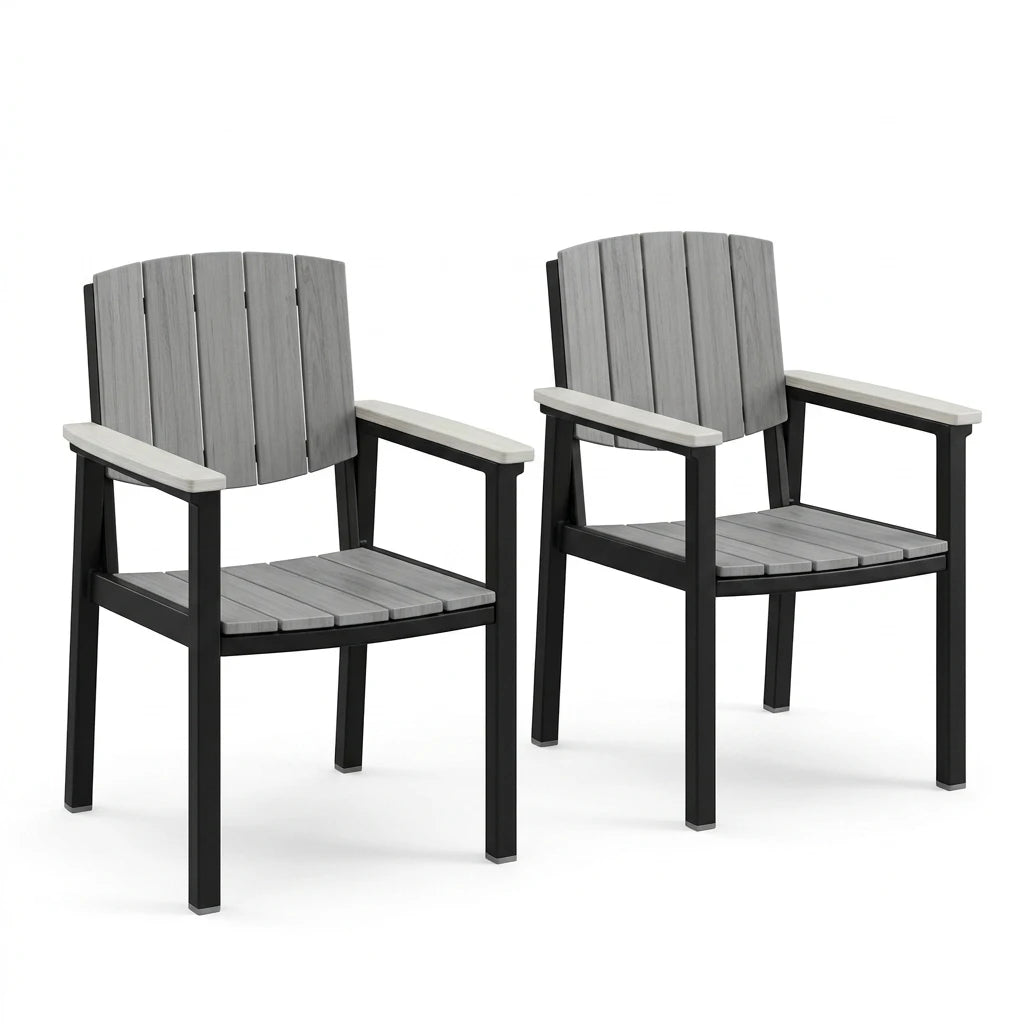 2-piece outdoor dining chair set; made of aluminum alloy with armrests and a wood-grain finish; suitable for gardens and patios.
