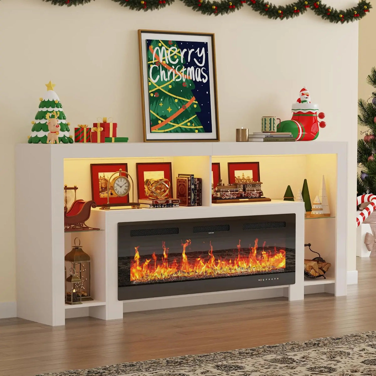 82.7" Modern High Gloss Fireplace TV Stand with 50" Fireplace, Entertainment Center with Electronic Flame and LED, Customized