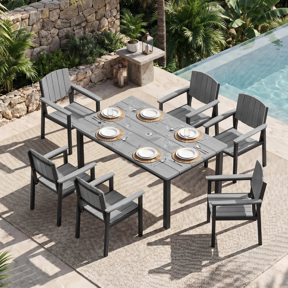 2-piece outdoor dining chair set; made of aluminum alloy with armrests and a wood-grain finish; suitable for gardens and patios.