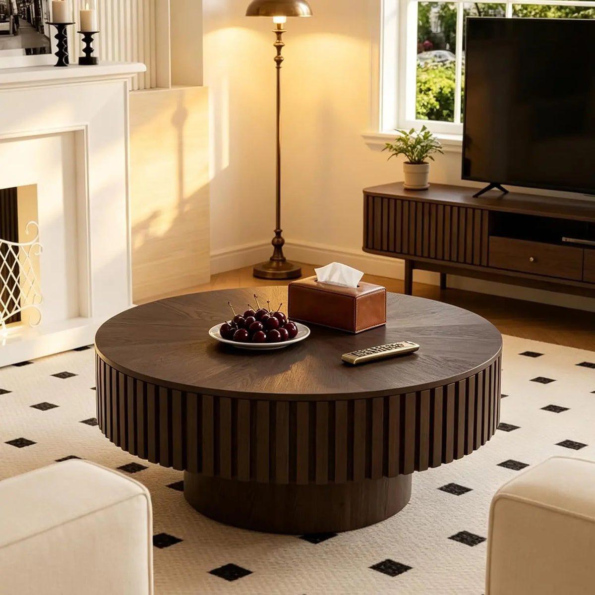 Farmhouse Round Fluted Coffee Table with Storage (G31.49) | Rustic Modern, Circle Center Table, Solid Wood Base,, Customized
