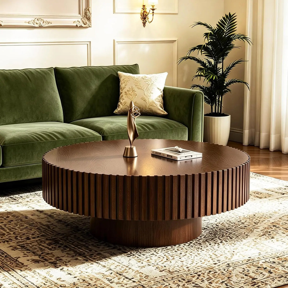 Farmhouse Round Fluted Coffee Table with Storage (G31.49) | Rustic Modern, Circle Center Table, Solid Wood Base,, Customized
