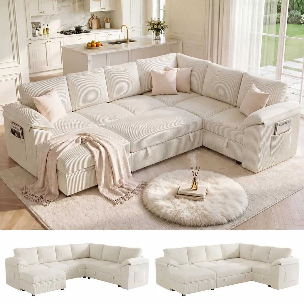 108 In L Shaped Modular Sectional Sofa Couch for Living Room, Beige, Customized