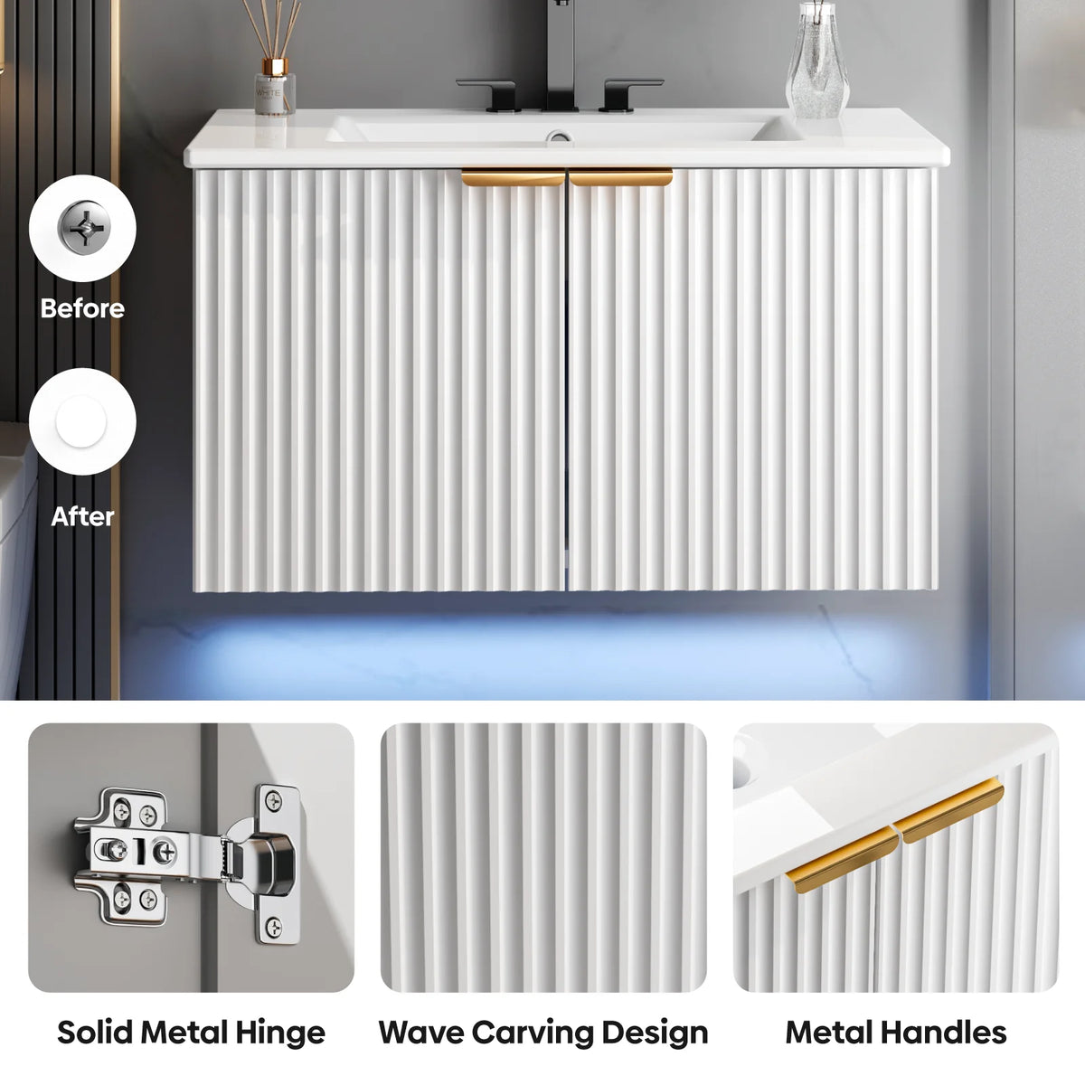 30" Floating Bathroom Vanity with Sink, Wave-Inspired Fluted Doors & LED Lighting, Modern Wall Mounted Cabinet, for Bathroom/Laundry Room, White/Black