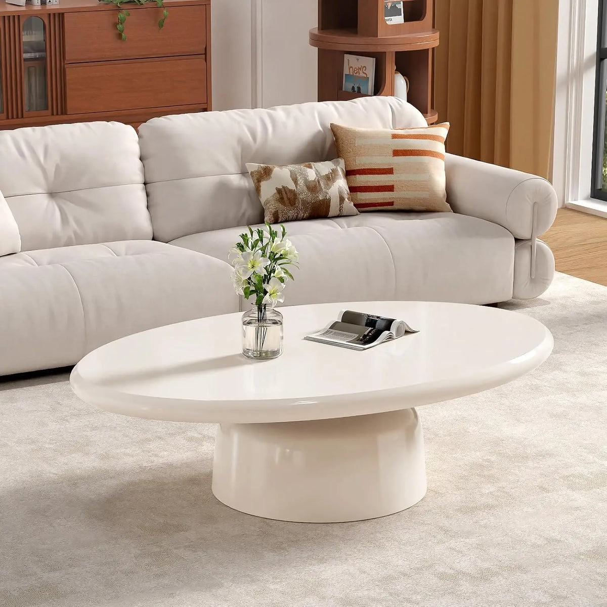 Farmhouse Round Fluted Coffee Table with Storage (G31.49) | Rustic Modern, Circle Center Table, Solid Wood Base,, Customized