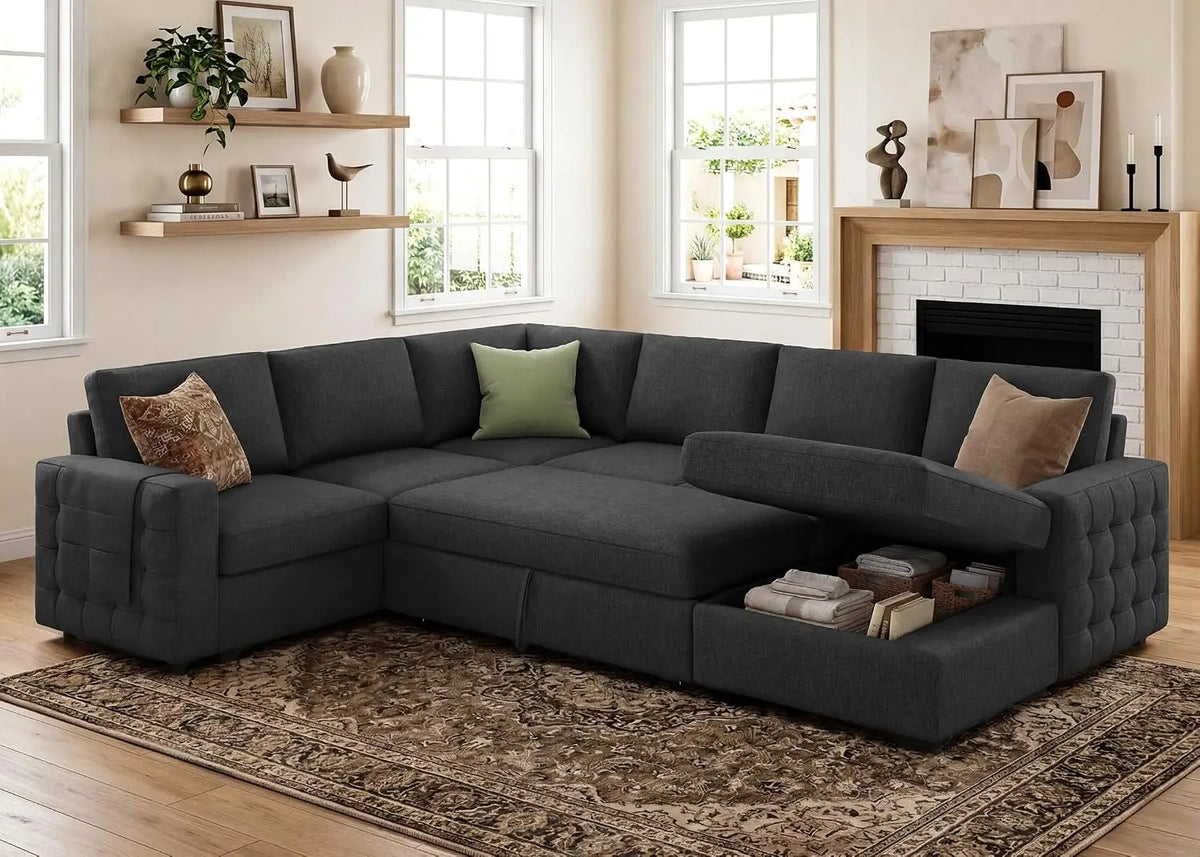 Sectional Sleeper Sofa with Pull Out Bed U-Shape Sectional Couch with Storage Chaise 6 Seater Sleeper Sectional, Customized