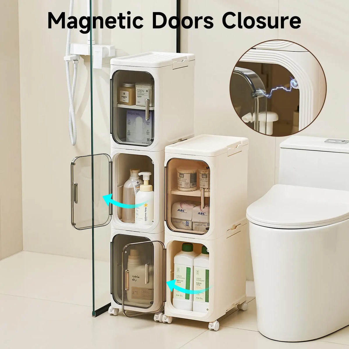 4-Tier Tall Narrow Storage Cabinet Plastic Slim Organizer with Doors Adjustable Shelves Wheels Stackable Collapsible Space Saving Crevice Shelf For Small Spaces Bathroom Kitchen Cupboard Mobile Rack