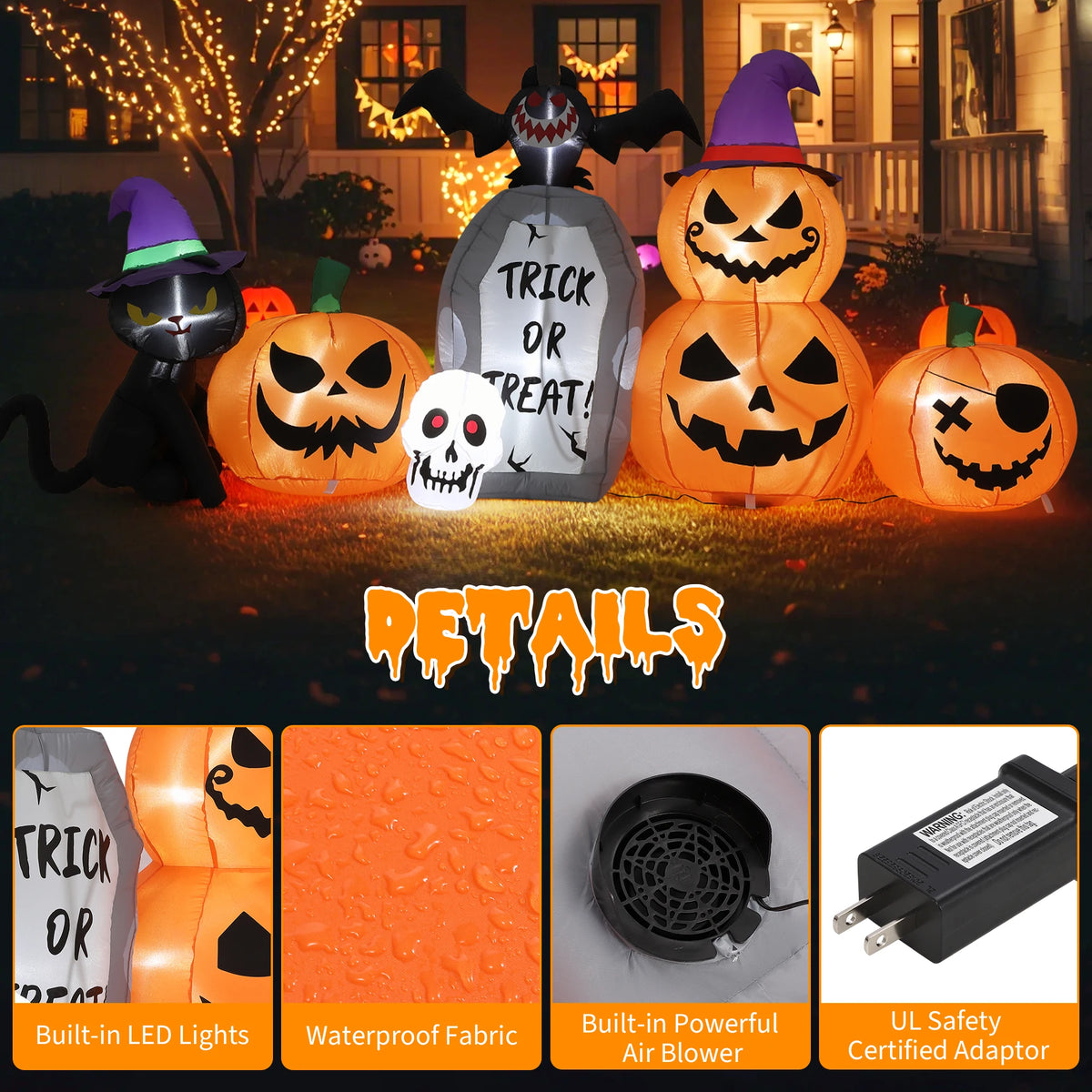 8ft Halloween Pumpkin Black Cat Tombstone Inflatable Yard Decor With Led Lights, Blow Up Outdoor Decoration For Lawn Garden Porch Party