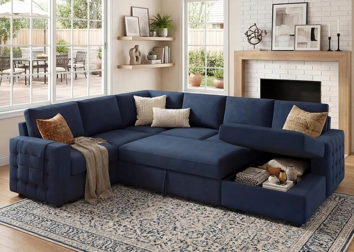 Sectional Sleeper Sofa with Pull Out Bed U-Shape Sectional Couch with Storage Chaise 6 Seater Sleeper Sectional, Customized