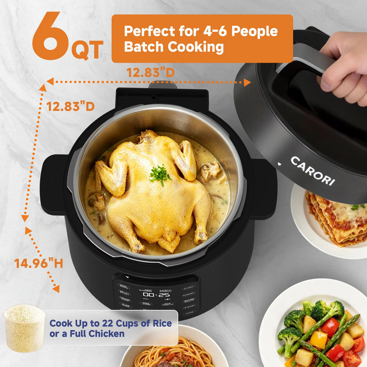 CARORI 6Qt Pressure Cooker, 9-in-1, 12 Presets IMD Touchscreen,  Multi-Mode: Slow Cook, Rice Cook, Steam,Dual Inner Pots (Stainless Steel & Non-Stick),1000W