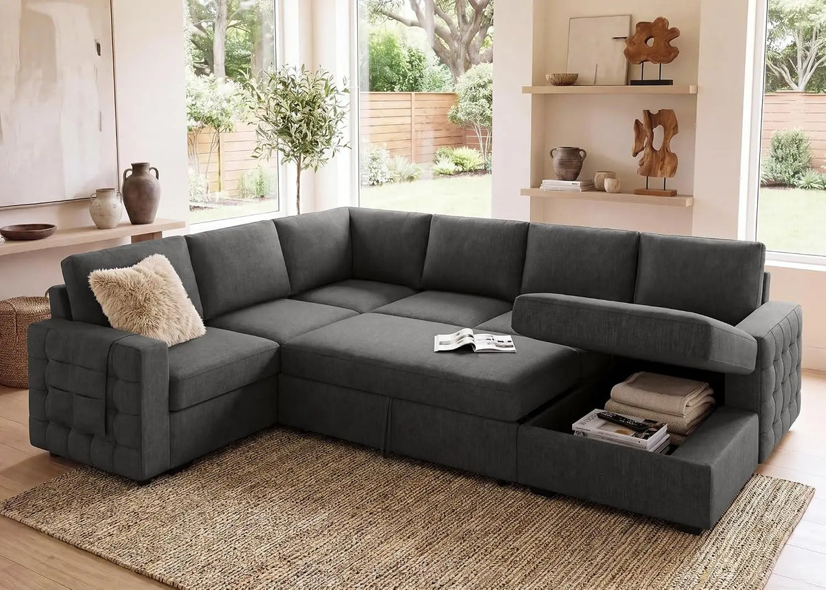 Sectional Sleeper Sofa with Pull Out Bed U-Shape Sectional Couch with Storage Chaise 6 Seater Sleeper Sectional, Customized