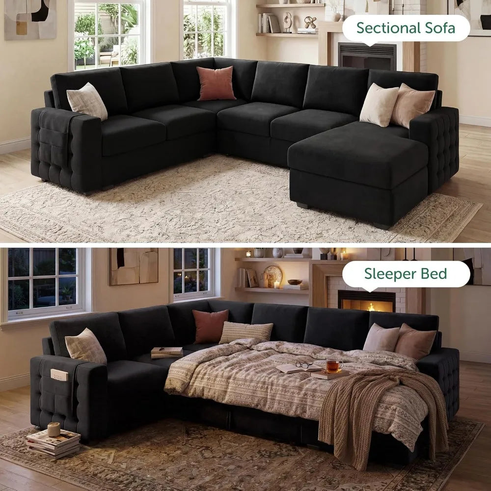 Sectional Sleeper Sofa with Pull Out Bed U-Shape Sectional Couch with Storage Chaise 6 Seater Sleeper Sectional, Customized