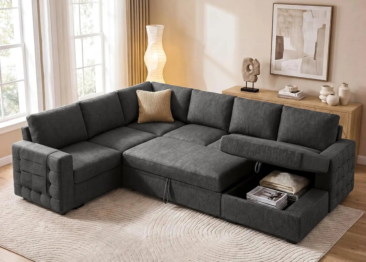 Sectional Sleeper Sofa with Pull Out Bed U-Shape Sectional Couch with Storage Chaise 6 Seater Sleeper Sectional, Customized