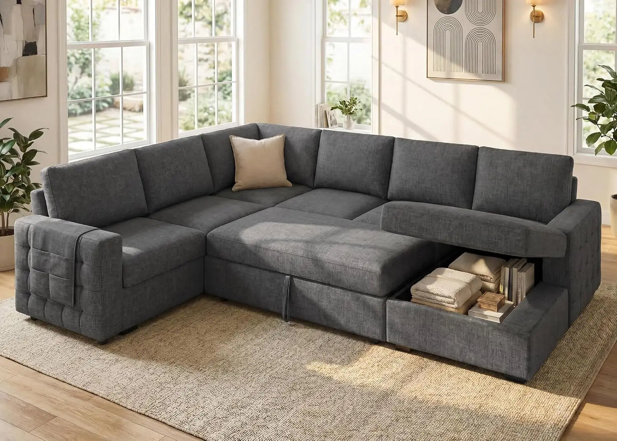 Sectional Sleeper Sofa with Pull Out Bed U-Shape Sectional Couch with Storage Chaise 6 Seater Sleeper Sectional, Customized