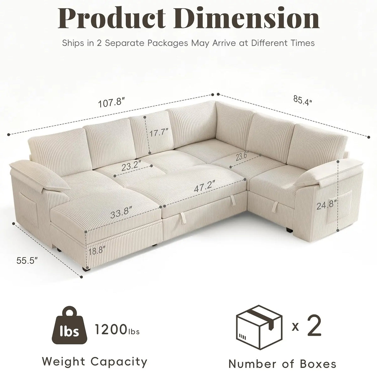 108 In L Shaped Modular Sectional Sofa Couch for Living Room, Beige, Customized