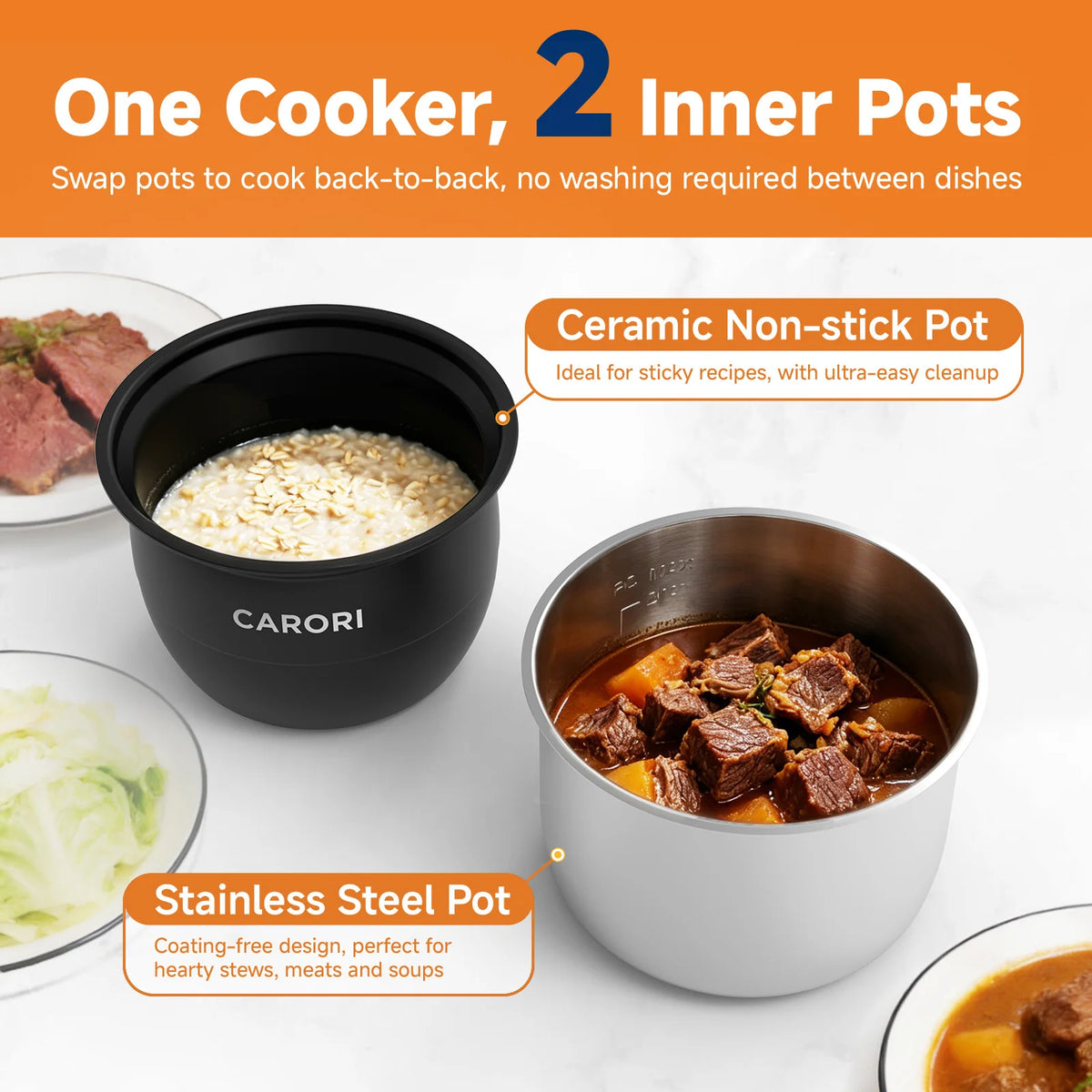 CARORI 6Qt Pressure Cooker, 9-in-1, 12 Presets IMD Touchscreen,  Multi-Mode: Slow Cook, Rice Cook, Steam,Dual Inner Pots (Stainless Steel & Non-Stick),1000W